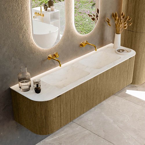 KURVE-DLUX 170cm mobili da bagno curva Sinistra + Destra colore Dusk con 1 cassetto e 2 porte. Lavabo LEAF Doppio senza foro per il rubinetto, colore Opalo.