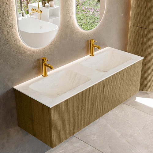 KURVE-DLUX 130cm mobili da bagno colore Dusk con 2 cassetti e 0 porte. Lavabo LEAF Doppio 2 fori del rubinetto, colore Opalo.
