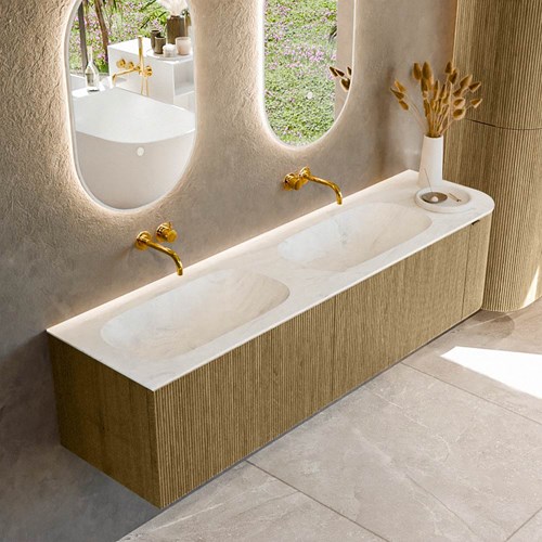 KURVE-DLUX 175cm meubles de salle de bains courbe Droite couleur Dusk avec 2 tiroirs et 1 porte. Lavabo STOR SMALL Double / Gauche sans trou pour robinet, couleur Opalo.