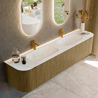 KURVE-DLUX 200cm mueble de baño curva Izquierda + Derecha color Dusk con 2 cajones y 2 puertas. Lavabo STOR SMALL Doble 2 orificios Opalo.