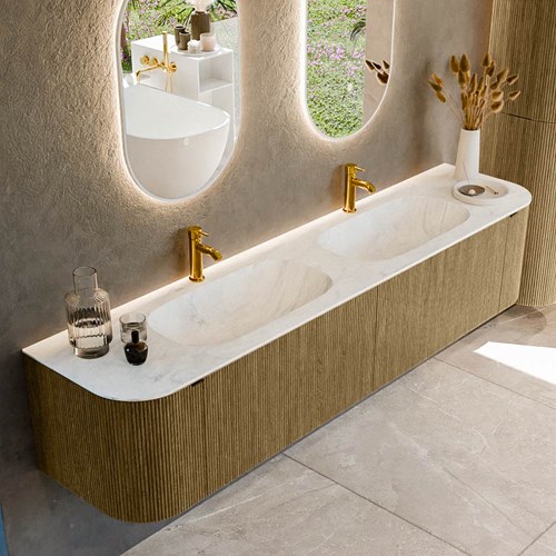 KURVE-DLUX 200cm mueble de baño curva Izquierda + Derecha color Dusk con 2 cajones y 2 puertas. Lavabo STOR SMALL Doble 2 orificios Opalo.