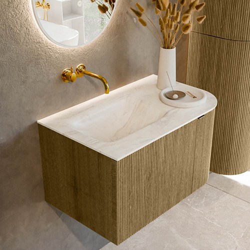 KURVE-DLUX 75cm mobili da bagno curva Destra colore Dusk con 1 cassetto e 1 porta. Lavabo GRUNNE Sinistra senza foro per il rubinetto, colore Ostra.