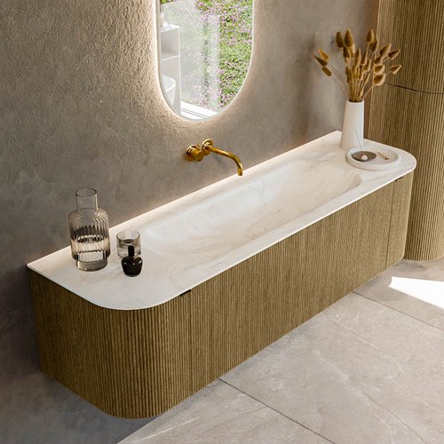 KURVE-DLUX 160cm meubles de salle de bains courbe Gauche + Droite couleur Dusk avec 1 tiroir et 2 portes. Lavabo BIG MEDIUM Centrée sans trou pour robinet, couleur Ostra.