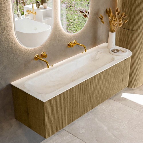 KURVE-DLUX 145cm meubles de salle de bains courbe Droite couleur Dusk avec 1 tiroir et 1 porte. Lavabo BIG LARGE Gauche sans trou pour robinet, couleur Ostra.