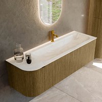 KURVE-DLUX 145cm mueble de baño curva Izquierda color Dusk con 1 cajón y 1 puerta. Lavabo BIG LARGE Derecho 1 orificio Ostra.