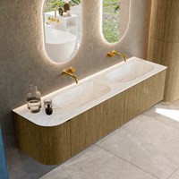 KURVE-DLUX 175cm meubles de salle de bains courbe Gauche couleur Dusk avec 2 tiroirs et 1 porte. Lavabo STOR SMALL Double / Droite sans trou pour robinet, couleur Ostra.