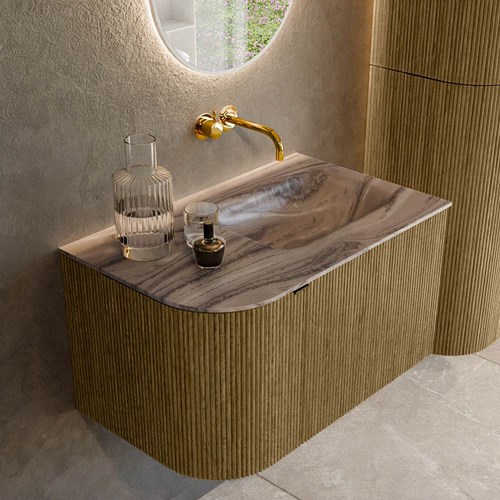 KURVE-DLUX 75cm mueble de baño curva Izquierda color Dusk con 1 cajón y 1 puerta. Lavabo GRUNNE Derecho sin orificio Sombra.