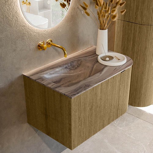 KURVE-DLUX 75cm mueble de baño curva Derecha color Dusk con 1 cajón y 1 puerta. Lavabo GRUNNE Izquierda sin orificio Sombra.