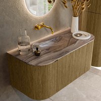 KURVE-DLUX 100cm mueble de baño curva Izquierda + Derecha color Dusk con 1 cajón y 2 puertas. Lavabo GRUNNE Centro sin orificio Sombra.