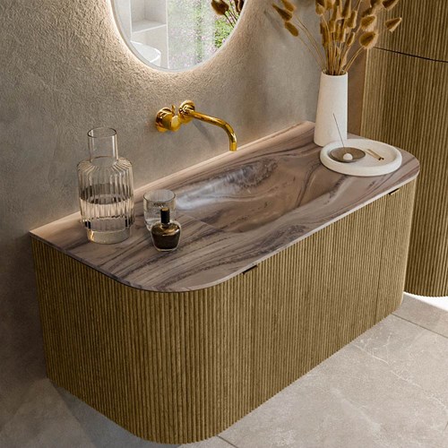 KURVE-DLUX 100cm mueble de baño curva Izquierda + Derecha color Dusk con 1 cajón y 2 puertas. Lavabo GRUNNE Centro sin orificio Sombra.