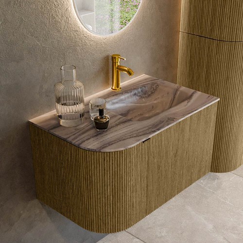 KURVE-DLUX 75cm mueble de baño curva Izquierda color Dusk con 1 cajón y 1 puerta. Lavabo GRUNNE Derecho 1 orificio Sombra.
