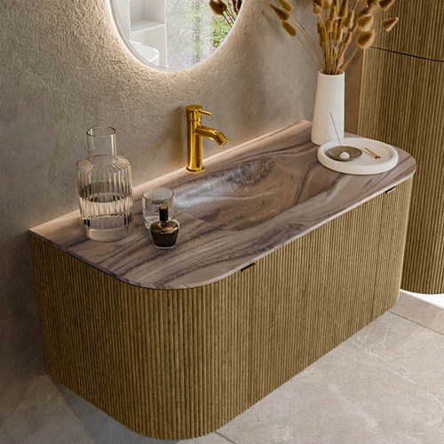 KURVE-DLUX 100cm mueble de baño curva Izquierda + Derecha color Dusk con 1 cajón y 2 puertas. Lavabo GRUNNE Centro 1 orificio Sombra.