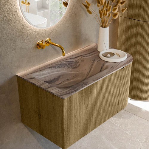 KURVE-DLUX 85cm mueble de baño curva Derecha color Dusk con 1 cajón y 1 puerta. Lavabo CLOUD Izquierda sin orificio Sombra.
