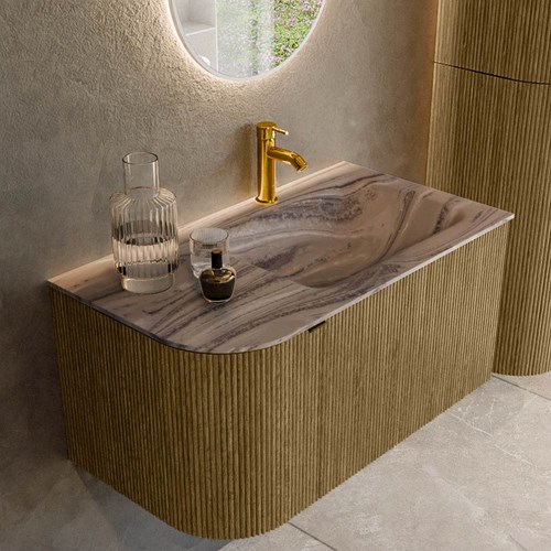 KURVE-DLUX 85cm mueble de baño curva Izquierda color Dusk con 1 cajón y 1 puerta. Lavabo CLOUD Derecho 1 orificio Sombra.
