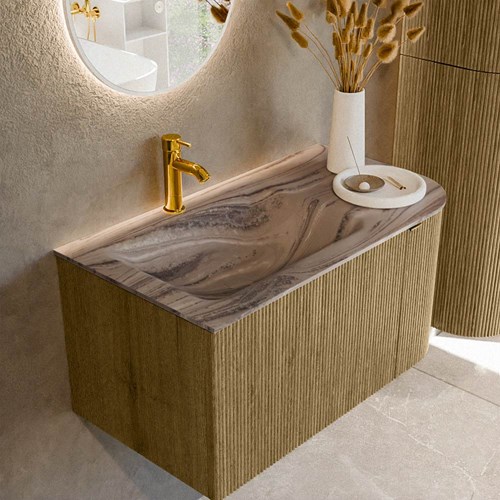 KURVE-DLUX 85cm mueble de baño curva Derecha color Dusk con 1 cajón y 1 puerta. Lavabo CLOUD Izquierda 1 orificio Sombra.