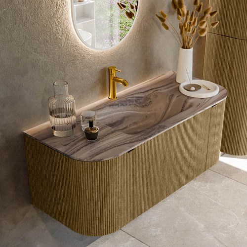 KURVE-DLUX 110cm mueble de baño curva Izquierda + Derecha color Dusk con 1 cajón y 2 puertas. Lavabo CLOUD Centro 1 orificio Sombra.