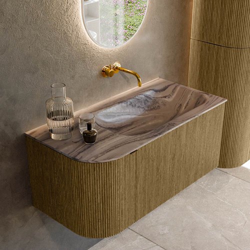 KURVE-DLUX 95cm mueble de baño curva Izquierda color Dusk con 1 cajón y 1 puerta. Lavabo BIG SMALL Derecho sin orificio Sombra.
