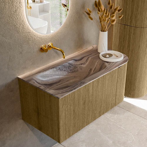 KURVE-DLUX 95cm mueble de baño curva Derecha color Dusk con 1 cajón y 1 puerta. Lavabo BIG SMALL Izquierda sin orificio Sombra.