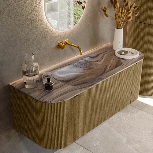 KURVE-DLUX 120cm mueble de baño curva Izquierda + Derecha color Dusk con 1 cajón y 2 puertas. Lavabo BIG SMALL Centro sin orificio Sombra.