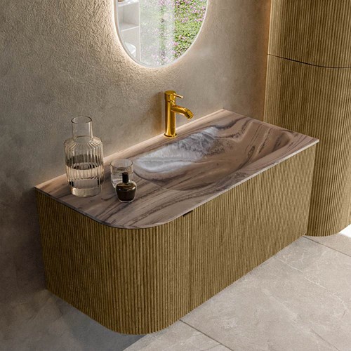 KURVE-DLUX 95cm mueble de baño curva Izquierda color Dusk con 1 cajón y 1 puerta. Lavabo BIG SMALL Derecho 1 orificio Sombra.