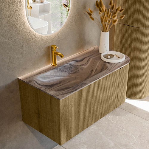 KURVE-DLUX 95cm mueble de baño curva Derecha color Dusk con 1 cajón y 1 puerta. Lavabo BIG SMALL Izquierda 1 orificio Sombra.