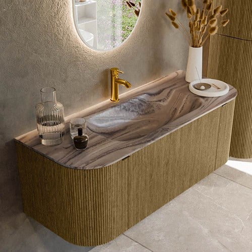 KURVE-DLUX 120cm mueble de baño curva Izquierda + Derecha color Dusk con 1 cajón y 2 puertas. Lavabo BIG SMALL Centro 1 orificio Sombra.