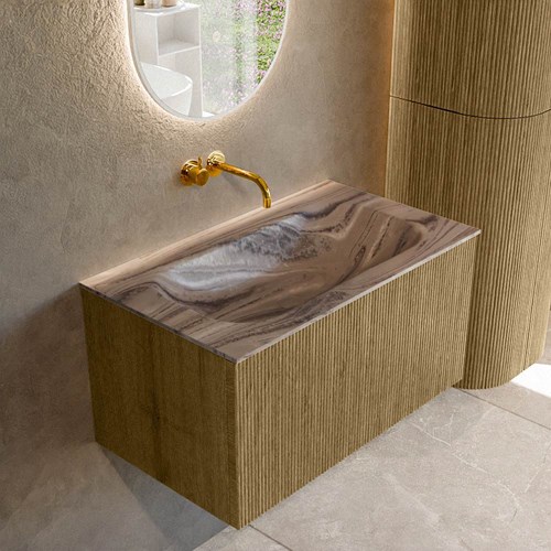 KURVE-DLUX 80cm mueble de baño color Dusk con 1 cajón y sin puerta. Lavabo BIG SMALL Centro sin orificio Sombra.