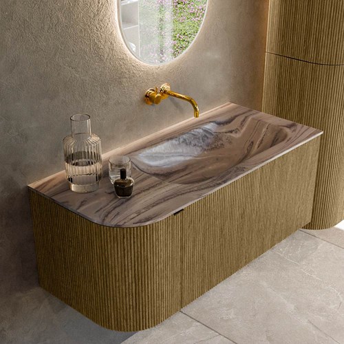 KURVE-DLUX 105cm mueble de baño curva Izquierda color Dusk con 1 cajón y 1 puerta. Lavabo BIG SMALL Derecho sin orificio Sombra.
