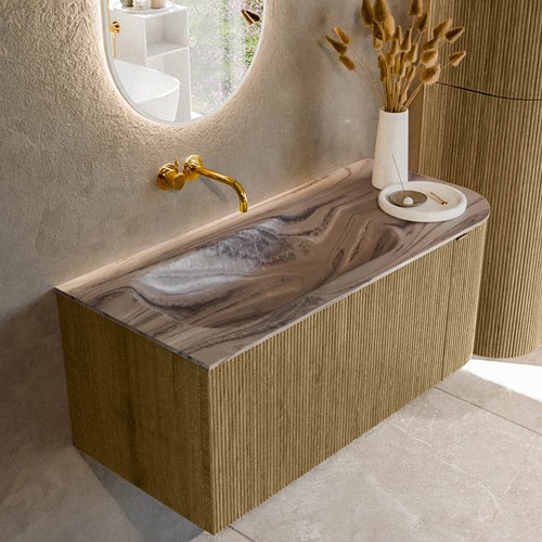 KURVE-DLUX 105cm mueble de baño curva Derecha color Dusk con 1 cajón y 1 puerta. Lavabo BIG SMALL Izquierda sin orificio Sombra.