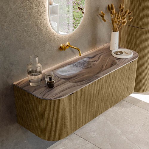 KURVE-DLUX 130cm mueble de baño curva Izquierda + Derecha color Dusk con 1 cajón y 2 puertas. Lavabo BIG SMALL Centro sin orificio Sombra.