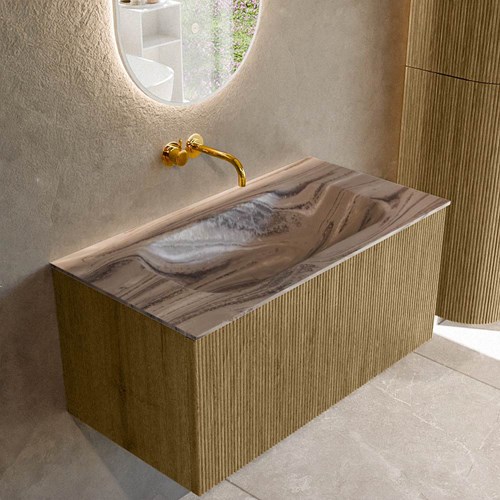 KURVE-DLUX 90cm mueble de baño color Dusk con 1 cajón y sin puerta. Lavabo BIG SMALL Centro sin orificio Sombra.