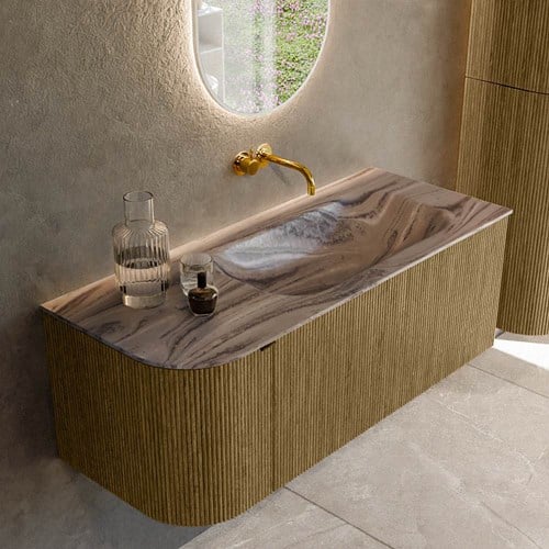 KURVE-DLUX 115cm mueble de baño curva Izquierda color Dusk con 1 cajón y 1 puerta. Lavabo BIG SMALL Derecho sin orificio Sombra.