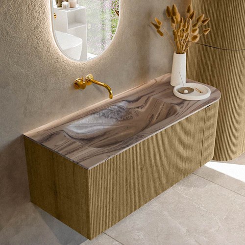 KURVE-DLUX 115cm mueble de baño curva Derecha color Dusk con 1 cajón y 1 puerta. Lavabo BIG SMALL Izquierda sin orificio Sombra.