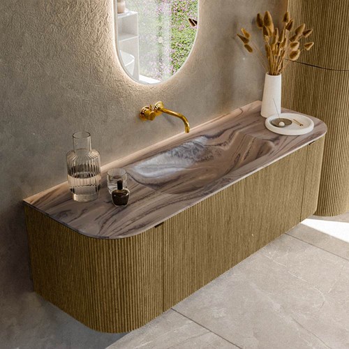 KURVE-DLUX 140cm mueble de baño curva Izquierda + Derecha color Dusk con 1 cajón y 2 puertas. Lavabo BIG SMALL Centro sin orificio Sombra.