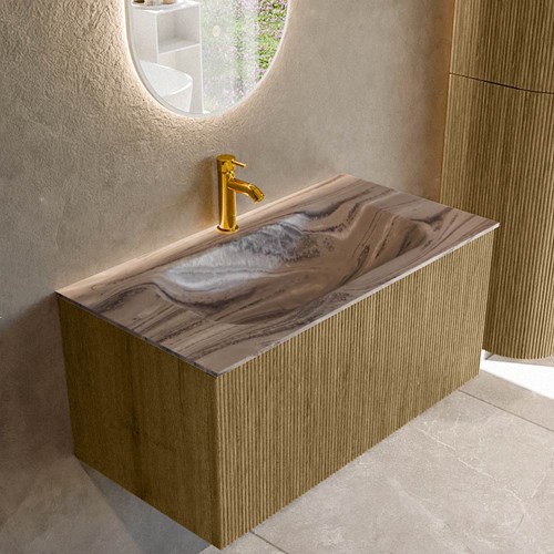 KURVE-DLUX 90cm mueble de baño color Dusk con 1 cajón y sin puerta. Lavabo BIG SMALL Centro 1 orificio Sombra.