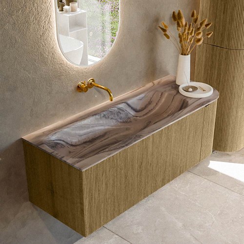 KURVE-DLUX 125cm mueble de baño curva Derecha color Dusk con 1 cajón y 1 puerta. Lavabo BIG MEDIUM Izquierda sin orificio Sombra.