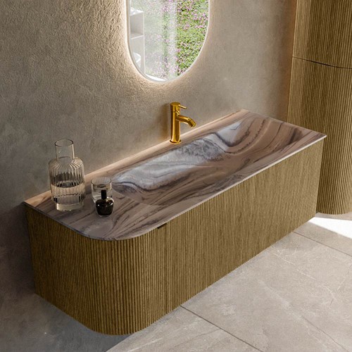 KURVE-DLUX 125cm mueble de baño curva Izquierda color Dusk con 1 cajón y 1 puerta. Lavabo BIG MEDIUM Derecho 1 orificio Sombra.
