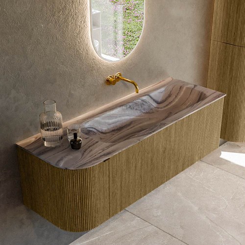 KURVE-DLUX 135cm mueble de baño curva Izquierda color Dusk con 1 cajón y 1 puerta. Lavabo BIG MEDIUM Derecho sin orificio Sombra.