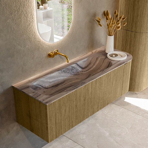 KURVE-DLUX 135cm mueble de baño curva Derecha color Dusk con 1 cajón y 1 puerta. Lavabo BIG MEDIUM Izquierda sin orificio Sombra.