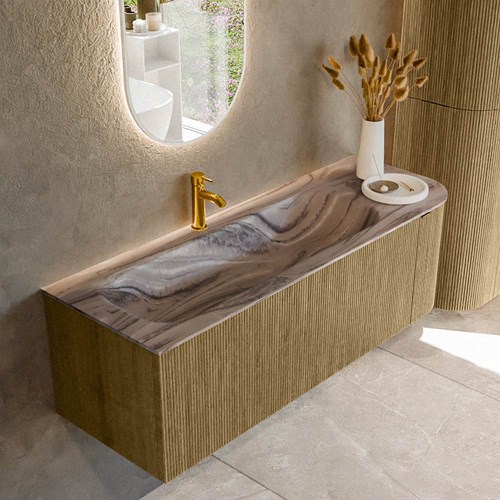 KURVE-DLUX 135cm mueble de baño curva Derecha color Dusk con 1 cajón y 1 puerta. Lavabo BIG MEDIUM Izquierda 1 orificio Sombra.