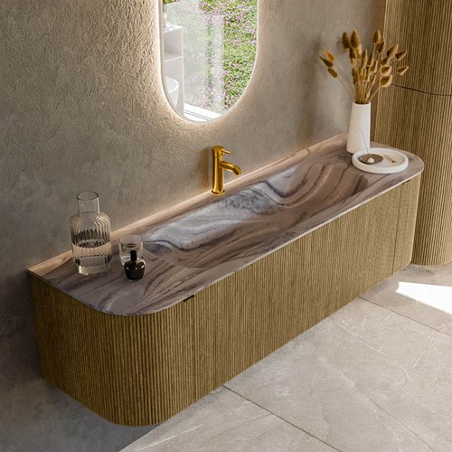 KURVE-DLUX 160cm mueble de baño curva Izquierda + Derecha color Dusk con 1 cajón y 2 puertas. Lavabo BIG MEDIUM Centro 1 orificio Sombra.