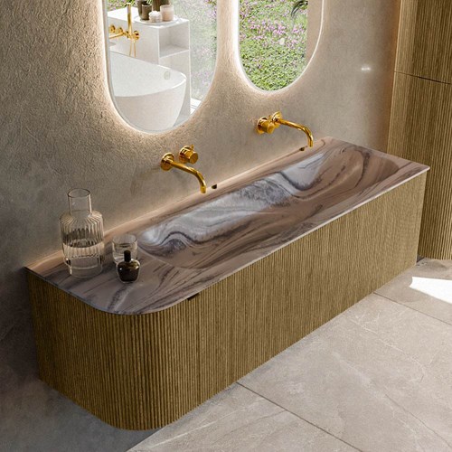 KURVE-DLUX 145cm mueble de baño curva Izquierda color Dusk con 1 cajón y 1 puerta. Lavabo BIG LARGE Derecho sin orificio Sombra.
