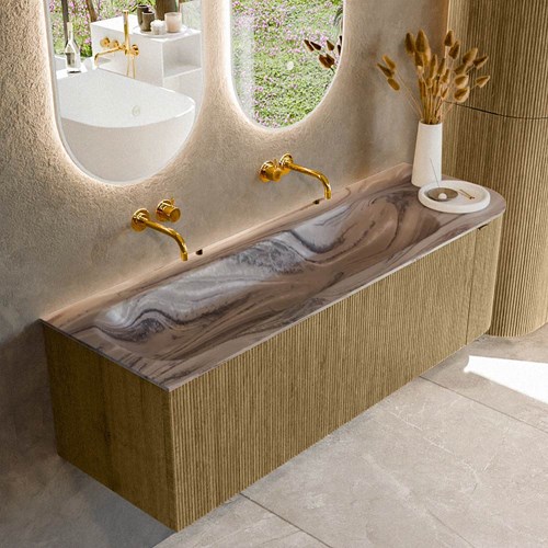 KURVE-DLUX 145cm mueble de baño curva Derecha color Dusk con 1 cajón y 1 puerta. Lavabo BIG LARGE Izquierda sin orificio Sombra.