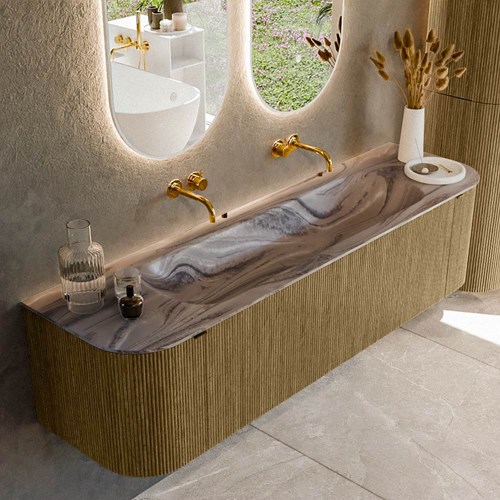 KURVE-DLUX 170cm mueble de baño curva Izquierda + Derecha color Dusk con 1 cajón y 2 puertas. Lavabo BIG LARGE Centro sin orificio Sombra.