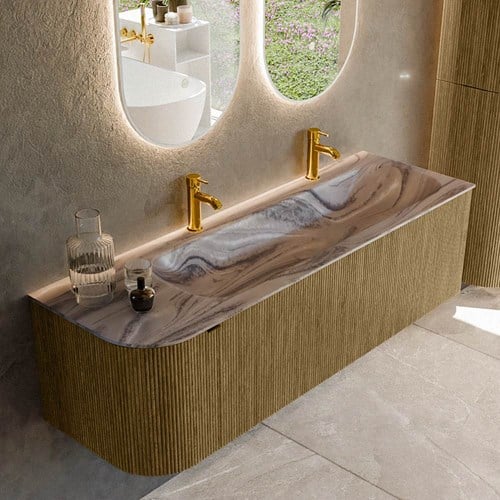 KURVE-DLUX 145cm mueble de baño curva Izquierda color Dusk con 1 cajón y 1 puerta. Lavabo BIG LARGE Derecho 2 orificios Sombra.
