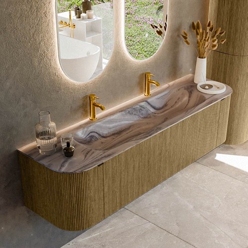 KURVE-DLUX 170cm mueble de baño curva Izquierda + Derecha color Dusk con 1 cajón y 2 puertas. Lavabo BIG LARGE Centro 2 orificios Sombra.