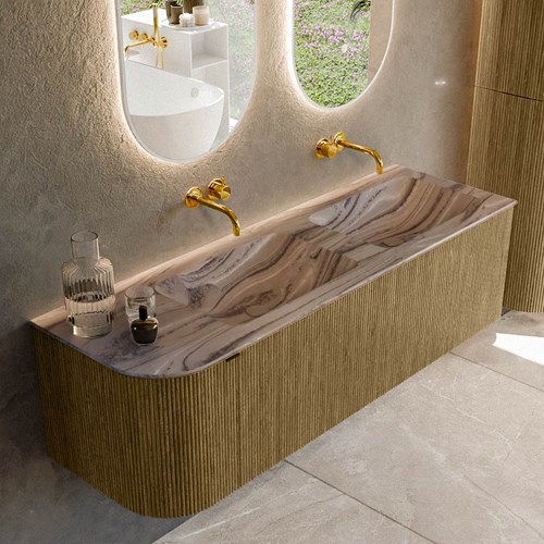 KURVE-DLUX 145cm mueble de baño curva Izquierda color Dusk con 1 cajón y 1 puerta. Lavabo LEAF Doble / Derecho sin orificio Sombra.