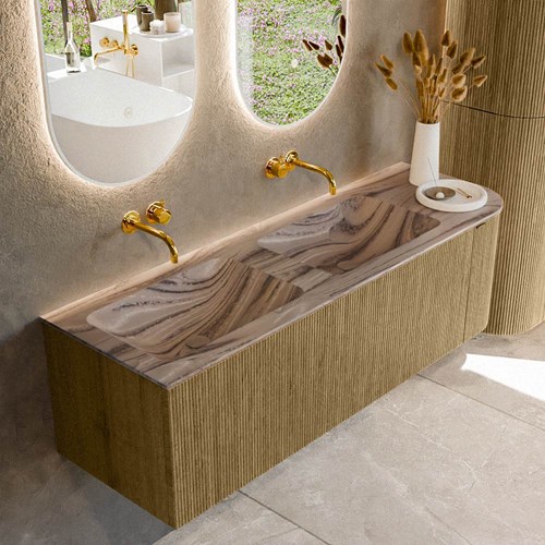 KURVE-DLUX 145cm mueble de baño curva Derecha color Dusk con 1 cajón y 1 puerta. Lavabo LEAF Doble / Izquierda sin orificio Sombra.