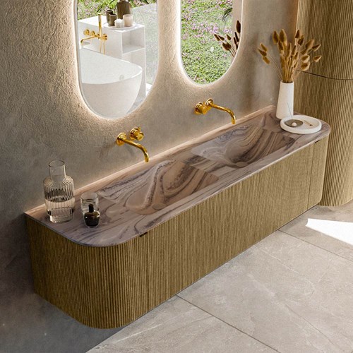 KURVE-DLUX 170cm mueble de baño curva Izquierda + Derecha color Dusk con 1 cajón y 2 puertas. Lavabo LEAF Doble sin orificio Sombra.