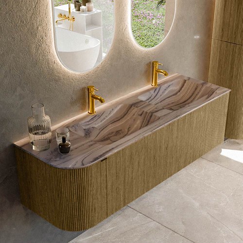 KURVE-DLUX 145cm mueble de baño curva Izquierda color Dusk con 1 cajón y 1 puerta. Lavabo LEAF Doble / Derecho 2 orificios Sombra.